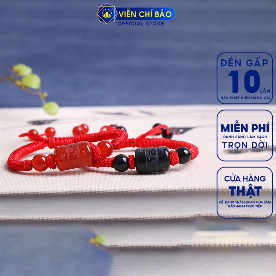 Vòng chỉ tay trụ lục tự đen dây vải đỏ chất liệu đá tự nhiên thời trang phụ kiện trang sức Viễn Chí Bảo V000196