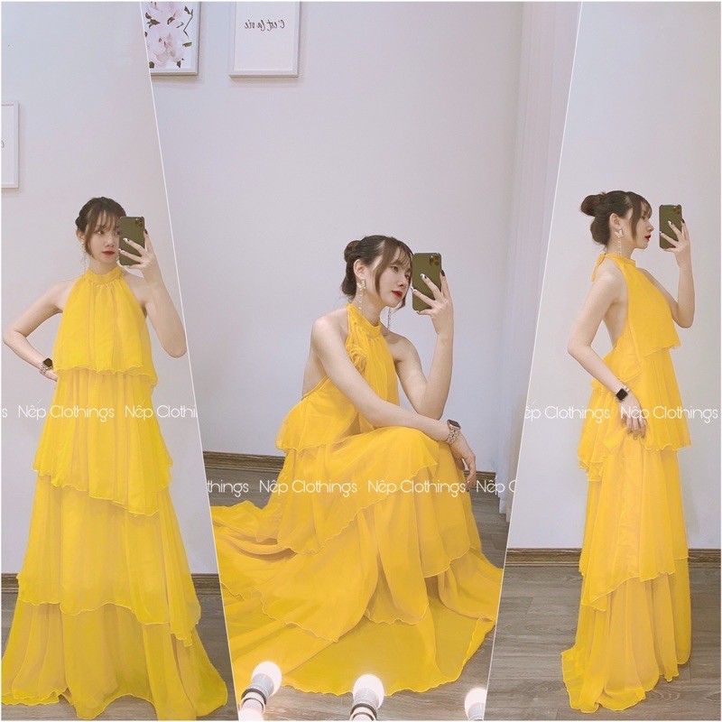 Váy maxi cổ yếm tầng kèm hoa