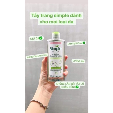 Nước tẩy trang Simple Micellar làm sạch trang điểm vượt trội - không chứa cồn gây khô rát 200ml