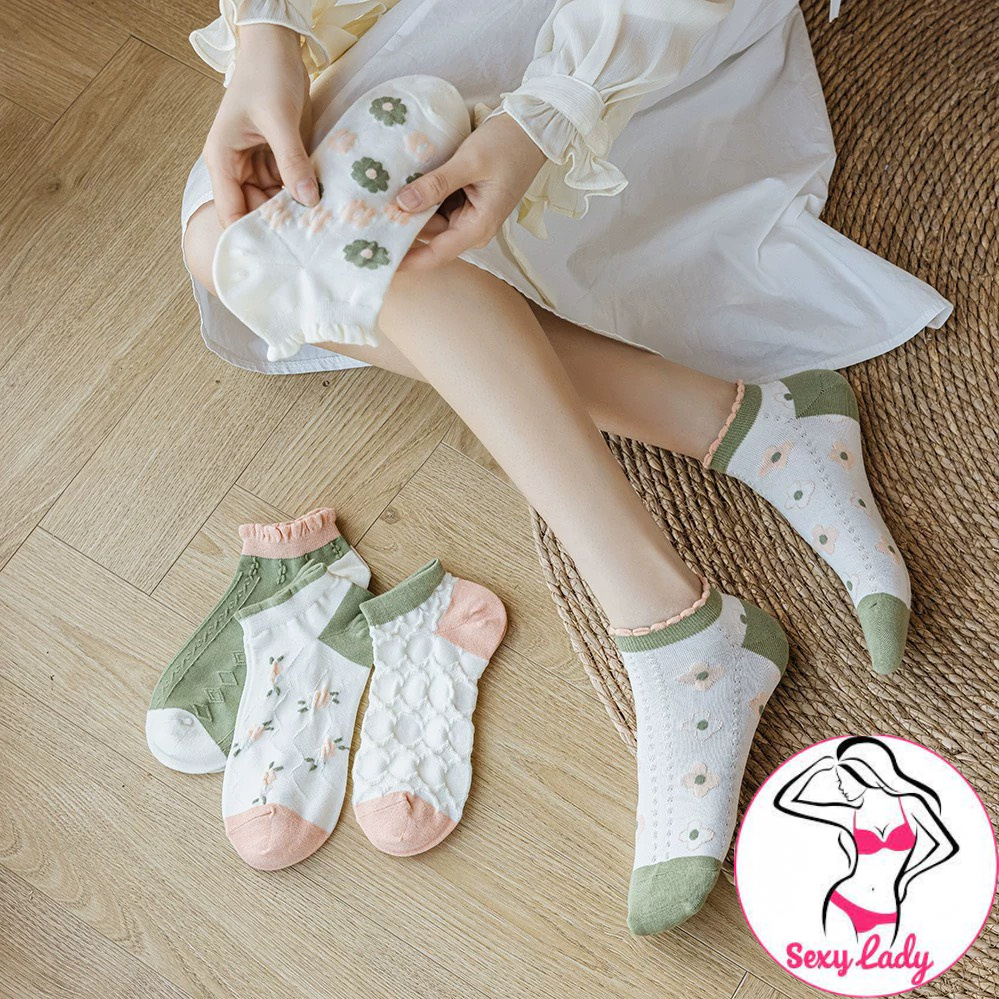 Vớ tất cổ ngắn xoăn bông hoa dập nổi xanh hồng pastel