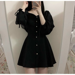 Đầm váy freesize đen nút tròn tay dài
