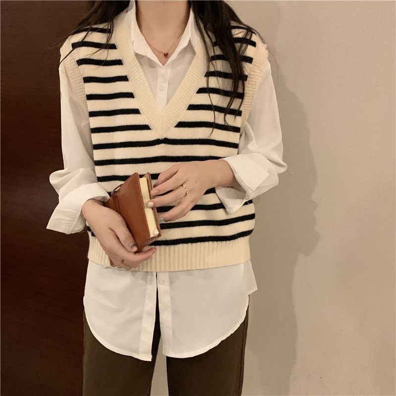 Áo len gile nữ cổ V kẻ sọc ngang đen trắng không tay phong cách Ulzzang Hàn Quốc phom Unisex