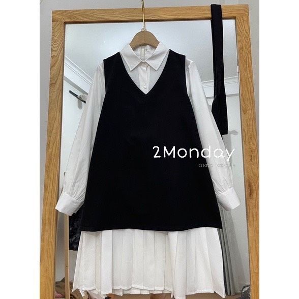 [Ảnh thật/video] Set 3 món váy trắng xếp li kèm yếm đen và đai thắt xinh tiểu thư | BigBuy360 - bigbuy360.vn