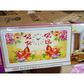 tranh đính đá thư pháp tấn tài tấn lộc cảnh ca chép đồng hồ kt 90x50cm