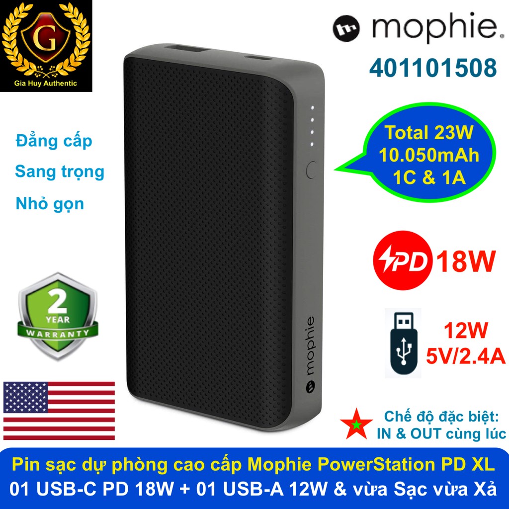 Pin sạc dự phòng cao cấp cho iPhone, iPad, S9, Note 9 MOPHIE PowerStation PD XL 10050mAh 24W ( 1C PD 18W &amp; 1A 12W)