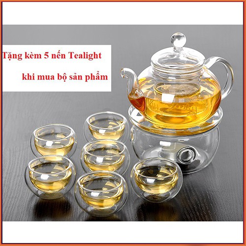 Bộ Ấm trà thủy tinh 6 chịu nhiệt dung tích 600ml kèm đế nến đun trà