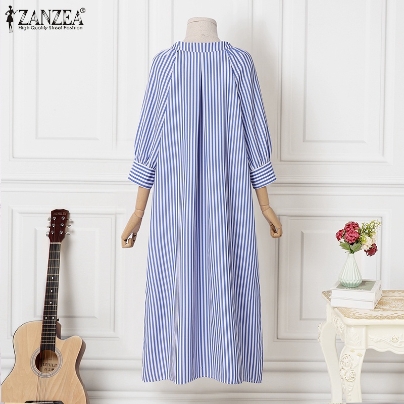 Đầm dài Zanzea tay 3/4 cổ tròn xẻ tà kẻ sọc thời trang dành cho nữ