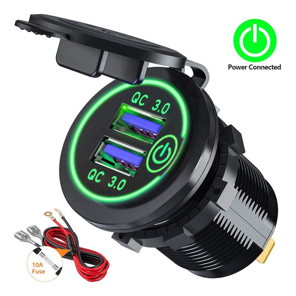 Cốc Sạc Nhanh QC3.0 2 Cổng USB 12V/24V Sang 5V Chống Nước Có Công Tắc Cảm Ứng Cho Xe Hơi F5X2