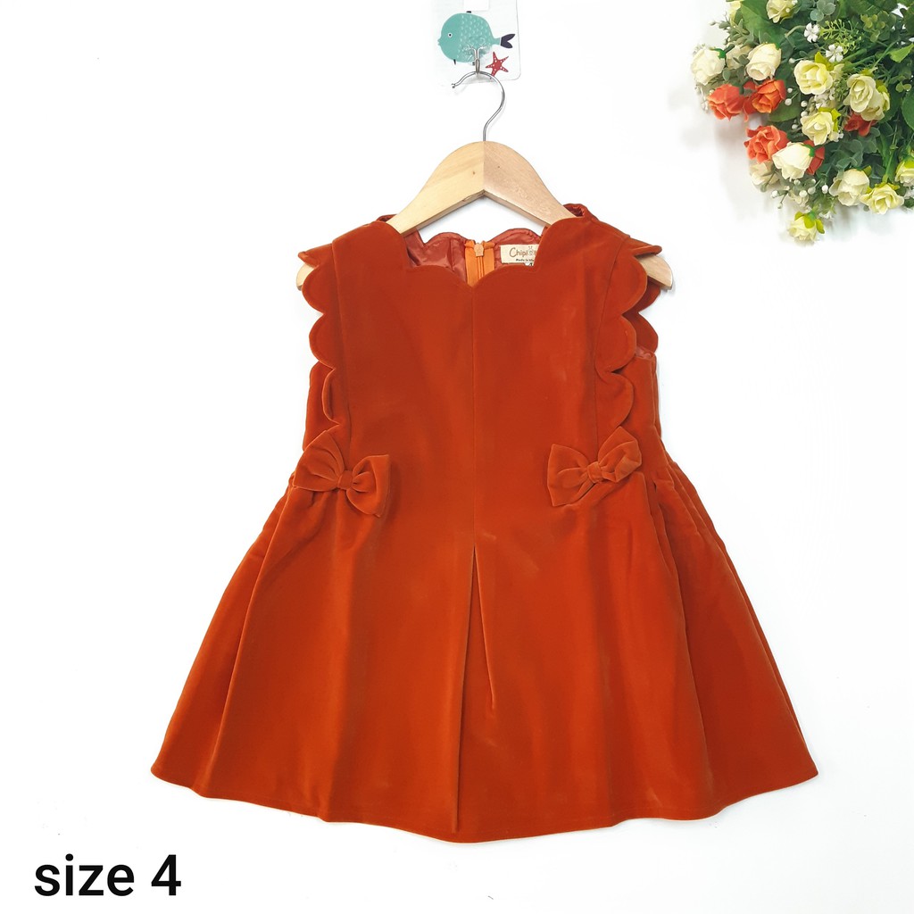 DG69-VT-08- Váy sát nách, bé gái, chất dạ nhung, dày dặn, phối bèo, màu cam gạch, made in Việt Nam