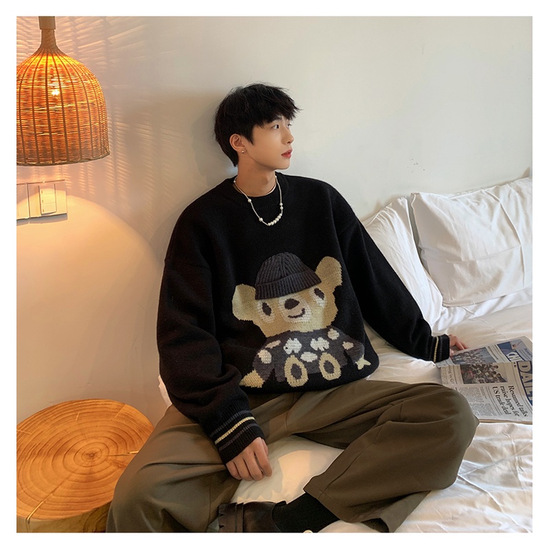 Áo sweater cổ tròn dáng rộng thêu hình gấu hoạt hình dễ thương phong cách Hàn Quốc cho cặp đôi