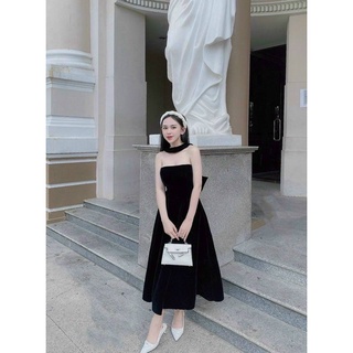 Đầm midi nhung đen nơ lưng form xoè- váy đi tiệc