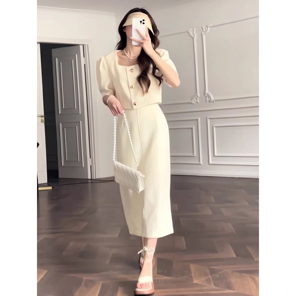 SET CROP NUDE CỔ VUÔNG + CHÂN VÁY MIDI SET RETRO