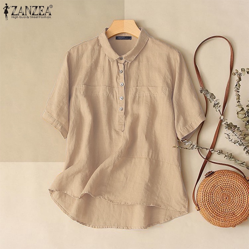 Áo ZANZEA màu trơn tay ngắn cổ tròn cài nút phía trước thời trang đơn giản dành cho nữ