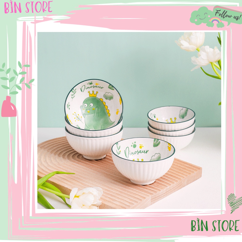 Chén ăn cơm cao cấp màu trắng, bát ăn cơm/tô ăn dặm khủng long bằng sứ cho bé, decor bàn ăn gia đình siêu xinh BÌN STORE