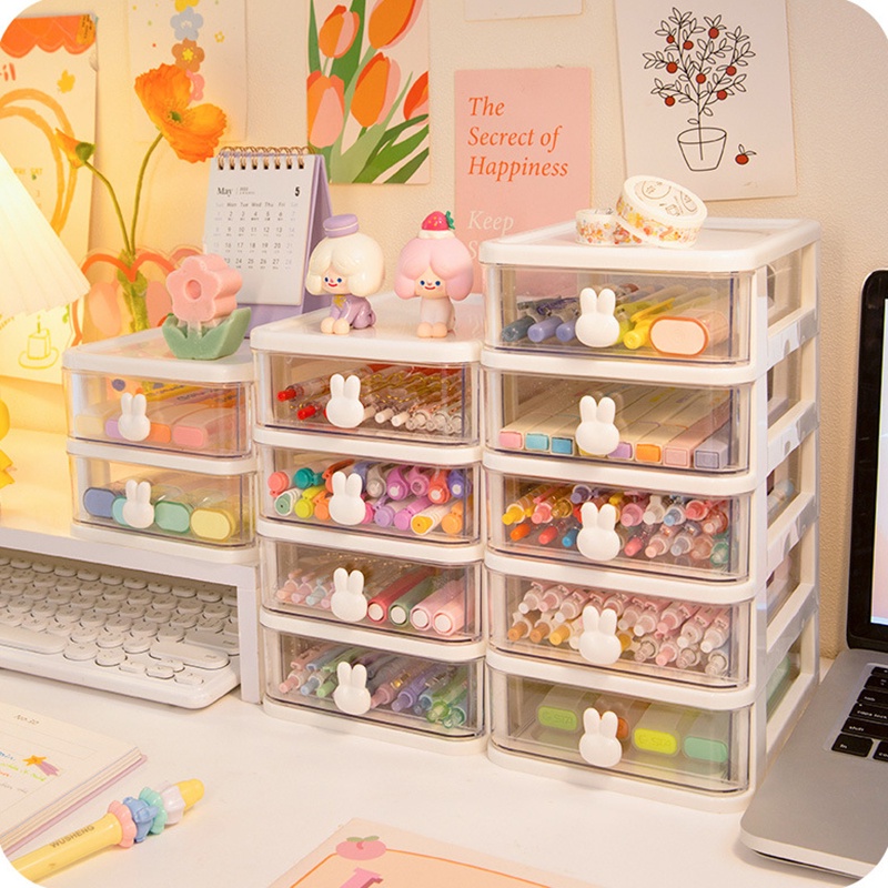 Hộp Đựng Đồ Trang Điểm/ Văn Phòng Phẩm 3 Kích Cỡ Bằng Nhựa Trong Suốt Có Tay Cầm Hình Thỏ