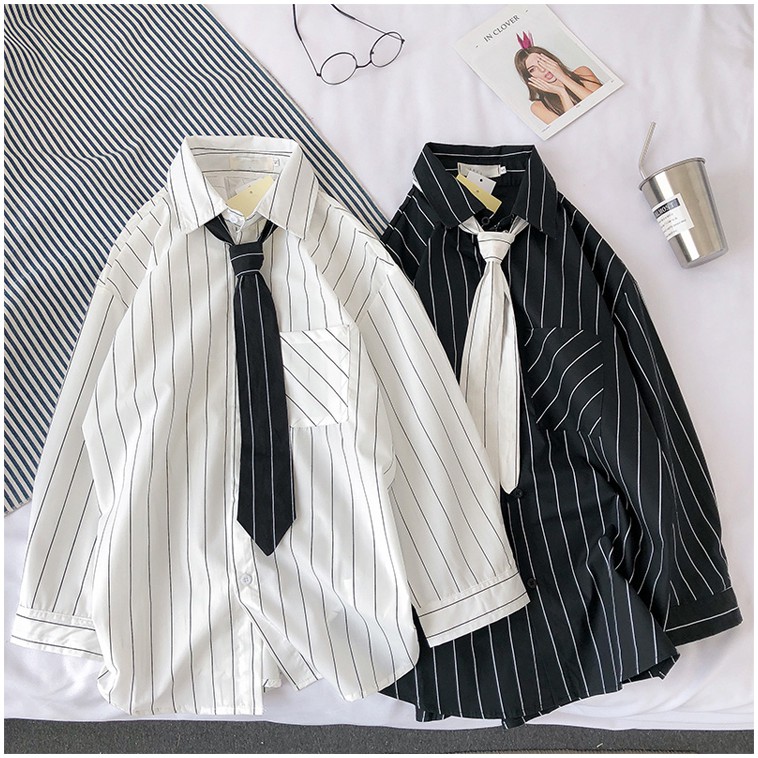 (A129) áo sơ mi unisex kẻ sọc kèm cà vạt 2 màu đen - trắng | BigBuy360 - bigbuy360.vn