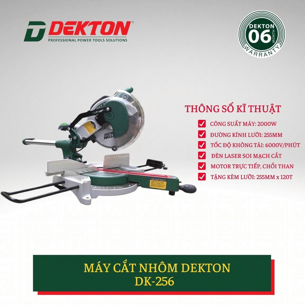 MÁY CẮT NHÔM THANH TRƯỢT CÓ NGHIÊNG DEKTOK DK-256 CHÍNH HÃNG - TẶNG KÈM LƯỠI CẮT 120 RĂNG - BẢO HÀNH 12 THÁNG