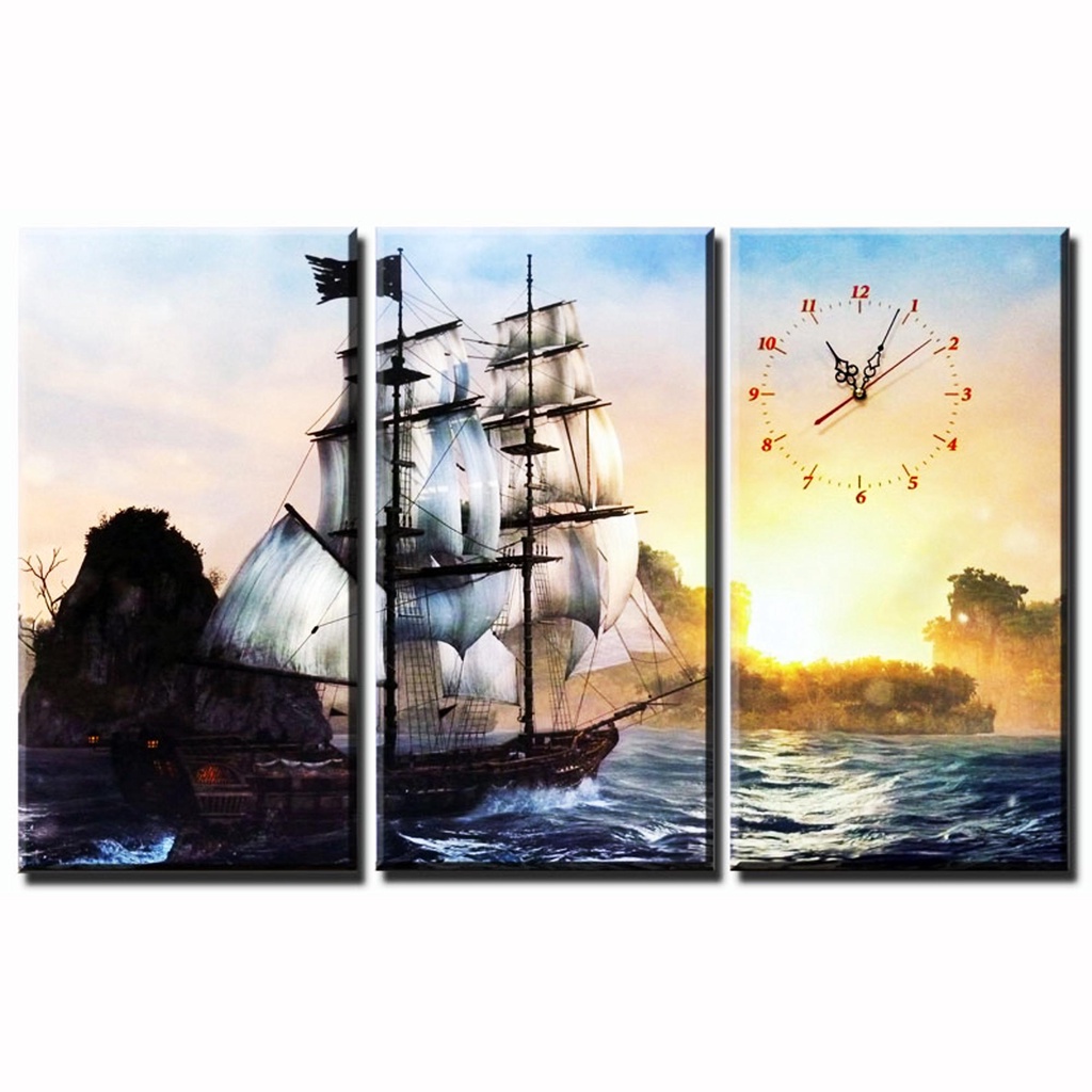 Tranh treo tường - Thuận buồm xuôi gió 02 ( 3 TRANH GHÉP CÓ ĐỒNG HỒ - KT 60 x 90cm)