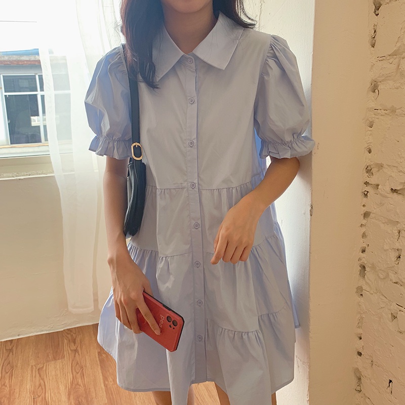 Đầm Chữ a Xếp Tầng Tay Phồng Cổ Vuông Màu Xanh Dương Phong Cách Pháp Dành Cho Nữ