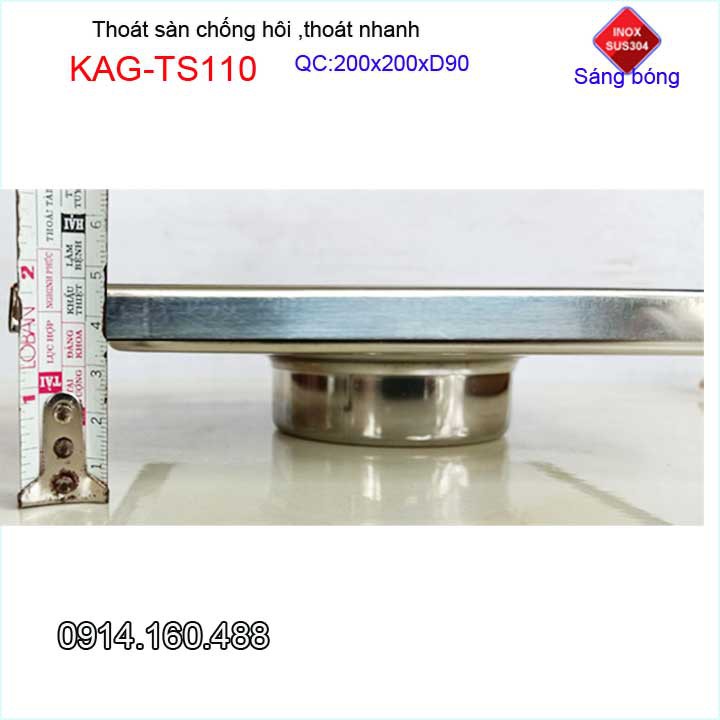 Hố ga thoát sàn Inox Kace ống 9cm KAG-TS110 Inox 304, phễu thoát nước chống hôi 20x20cm ống D90mm