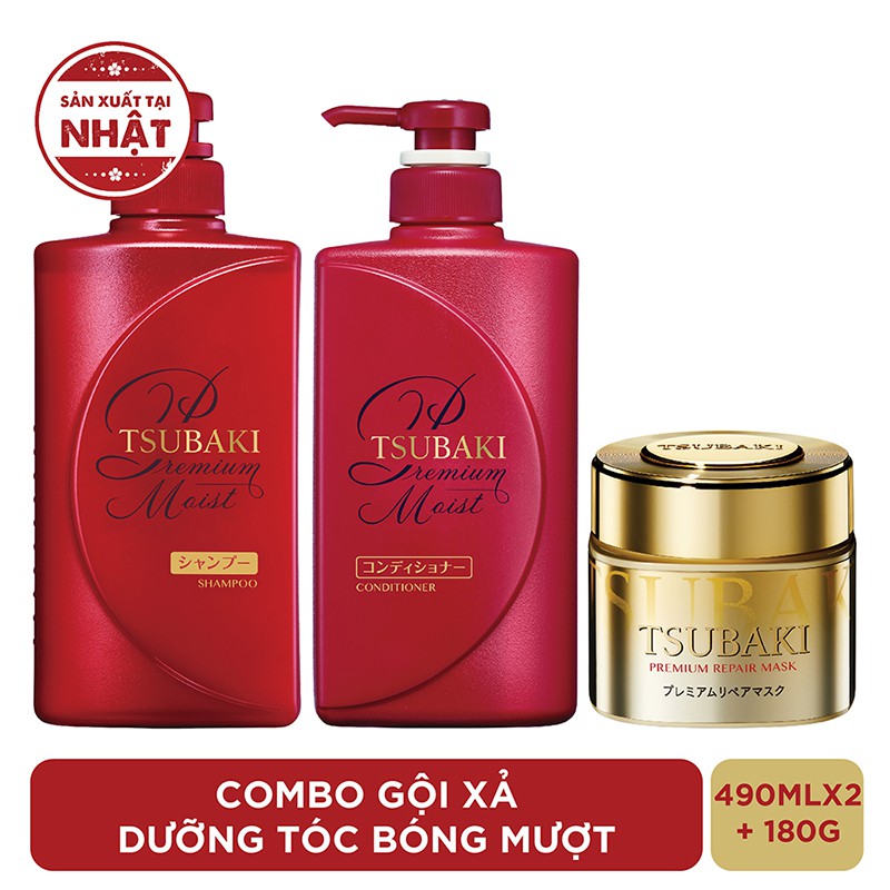 Combo gội xả Dưỡng tóc bóng mượt Premium Moist (490ml/chai) và Mặt nạ tóc phục hồi hư tổn Tsubaki (180g)