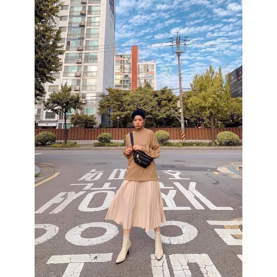 CHÂN VÁY XẾP LI MIDI MÀU BE MÀU ĐEN ULZZANG HOT - (Sp sẵn)