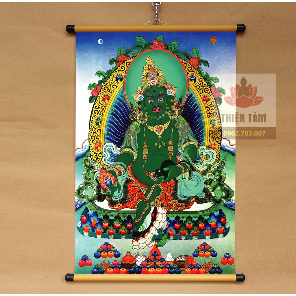 Tranh mật tông thangka Ngũ bộ Thần Tài Jambala Tây Tạng 40x60cm bằng vải phủ bóng cao cấp dày dặn