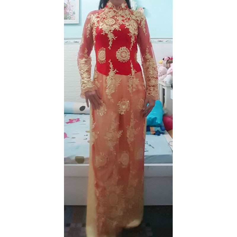 Thanh lý bộ áo dài ren đỏ phối luoi eo &lt;70cm. 72.75cm