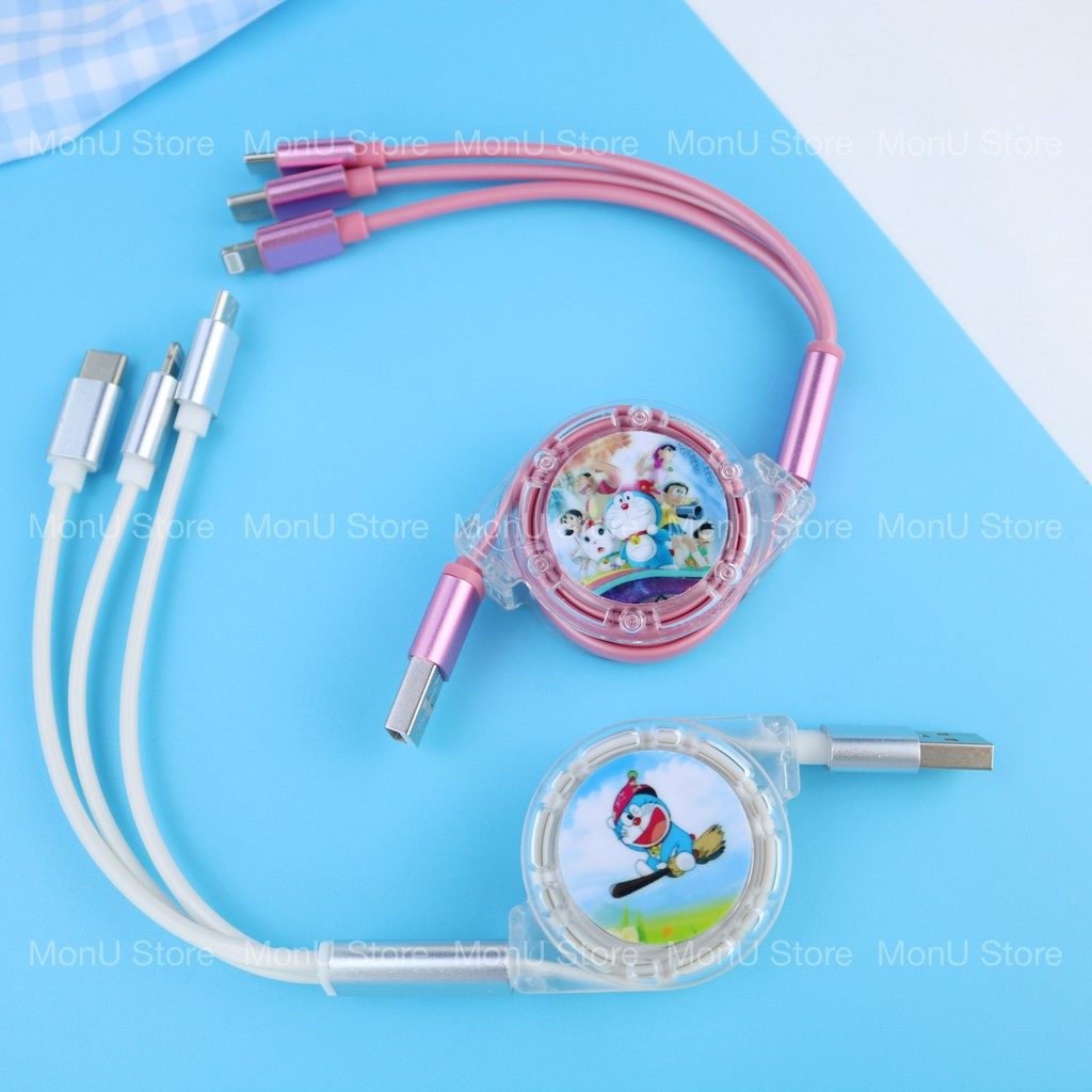 Cáp sạc dây rút 3 đầu Lightning, Type C, Micro USB in hình DORAEMON dễ thương cute