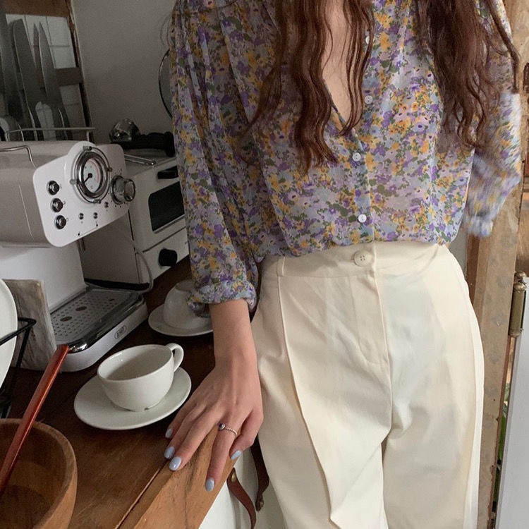 Áo Sơ Mi Chiffon Tay Dài Dáng Rộng In Hoa Phong Cách Hàn Quốc Thời Trang Mùa Xuân Mới Cho Nữ