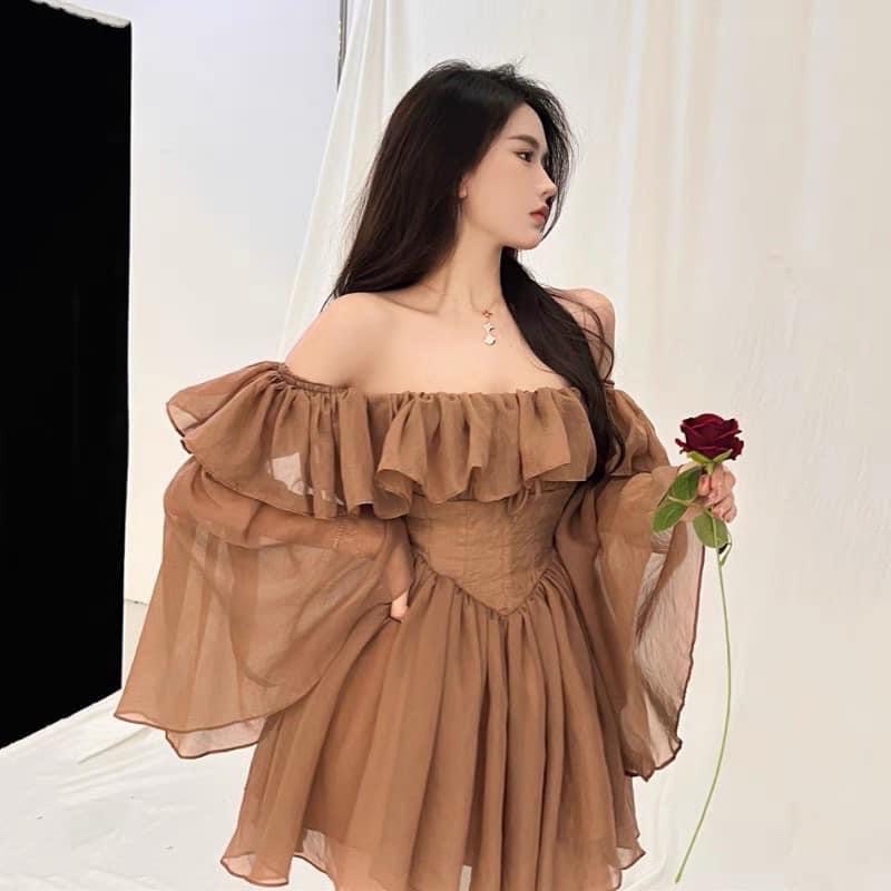 Đầm nâu bẹt vai tiểu thư