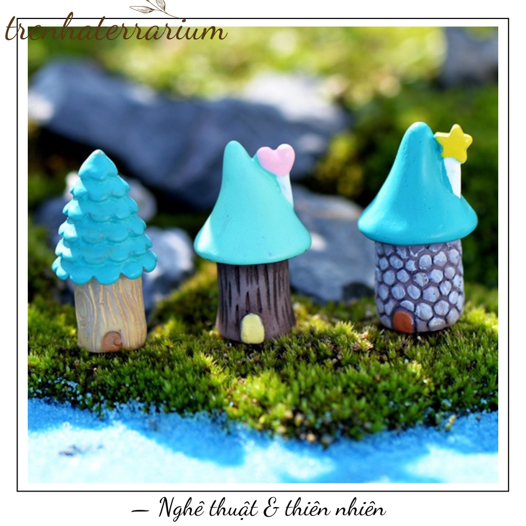 Tiểu cảnh nhà nấm xanh trang trí sen đá, xương rồng, terrarium, charm slime, cây cảnh mini, cây để bàn