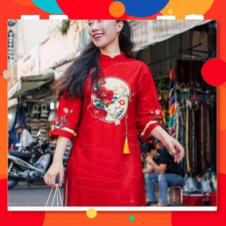 Áo dài cách tân may sẵn đỏ và kem cao cấp _áo cách tân cát tường