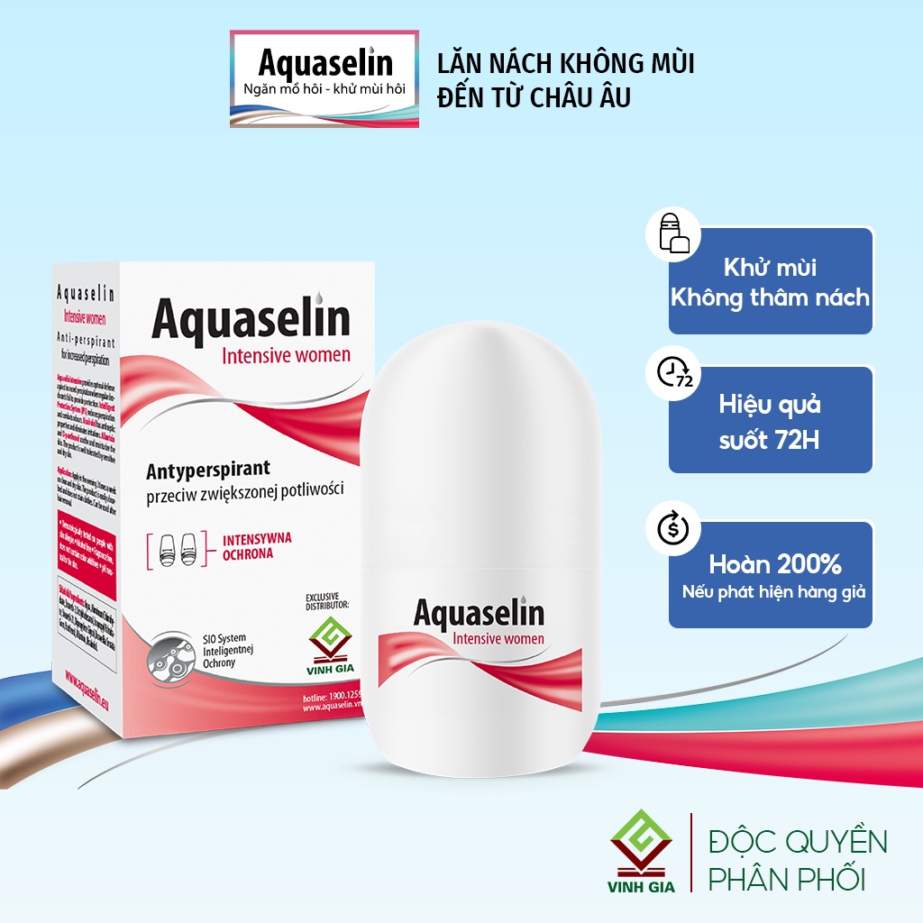 Lăn Khử Mùi Dành Cho Nữ AQUASELIN Intensive Women Giảm Mồ Hôi, Không Ố Vàng Áo, Khô Thoáng, Dưỡng Ẩm 20ml -Date T11.2022