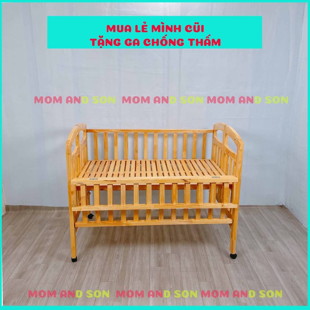 Nôi Cũi Cho Bé Chất Liệu Gỗ Thông Xuất Khẩu Màu Tự Nhiên Kích Thước [110x70x96] MOM AND SON- BH 12 Tháng