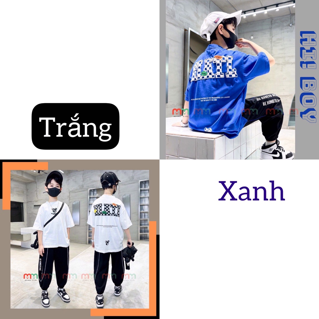 Set thể thao bé trai hip hop cá tính áo thun lệch tà phối quần jogger thun cotton cao cấp co dãn mềm mịn cho bé 9kg-52kg