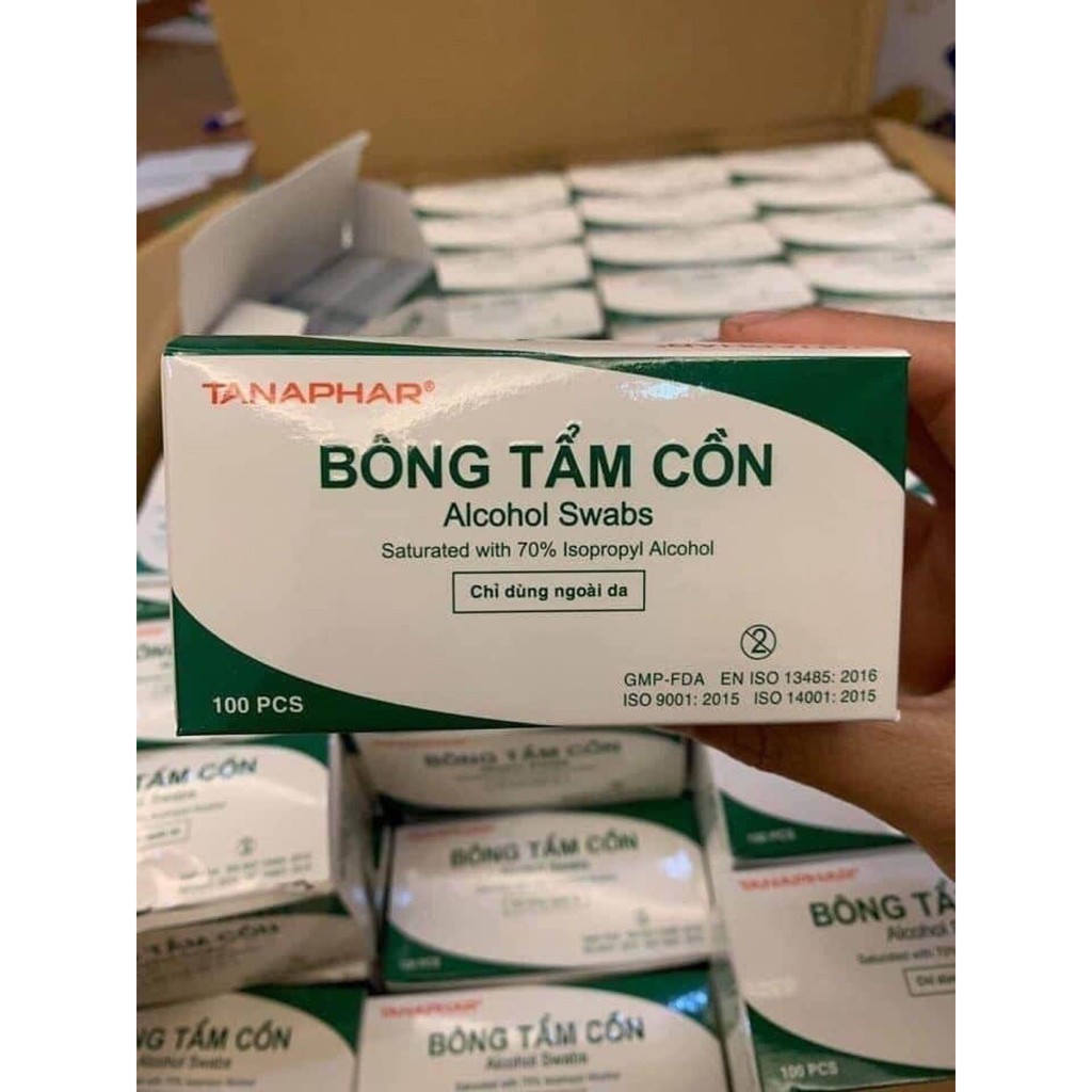 Bông tẩm cồn TANAPHAR giúp làm sạch, giảm nhiễm khuẩn hiệu quả, Hộp 100 miếng - Trung Đông Pharmacy