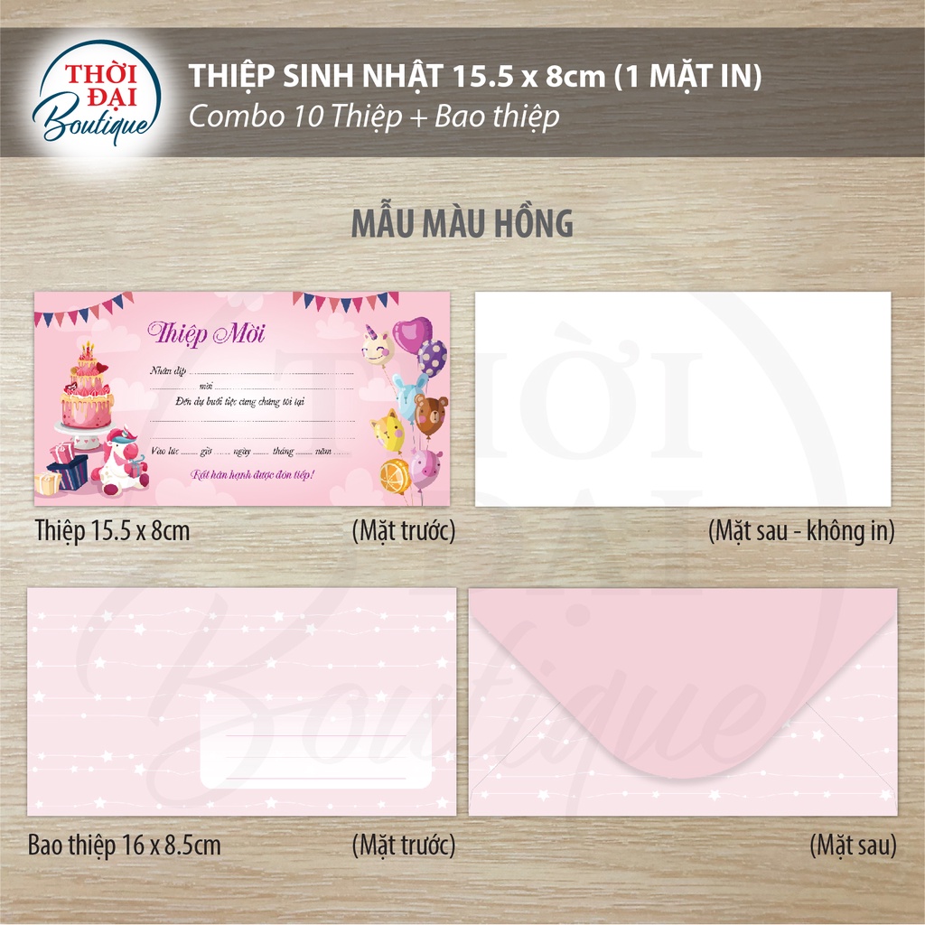 SET 10 BỘ THIỆP MỜI SINH NHẬT (Gồm Thiệp và Bao thiệp, thiệp in 1 mặt)