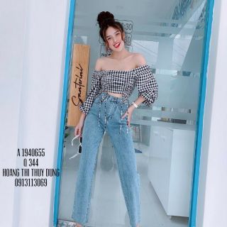 Áo kiểu trễ vai caro rút bụng