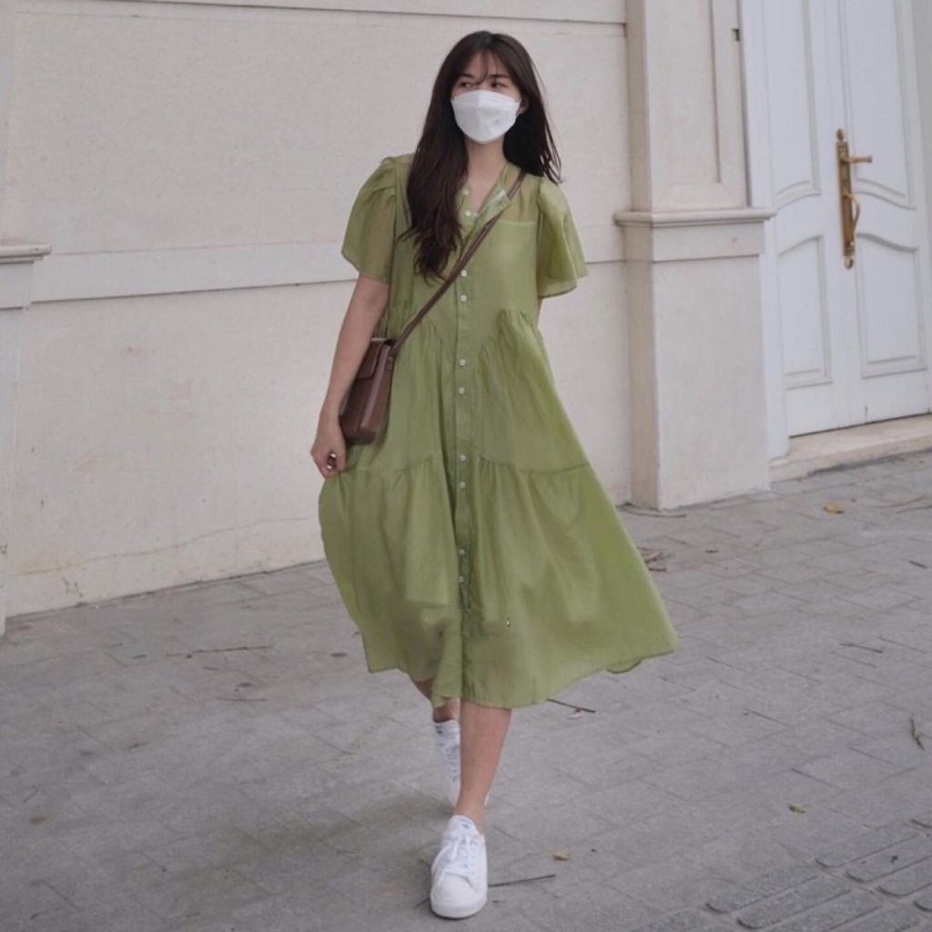 Váy Babydoll vải tơ mềm dáng dài cộc tay kèm váy hai dây siêu xinh phong cách Hàn Quốc