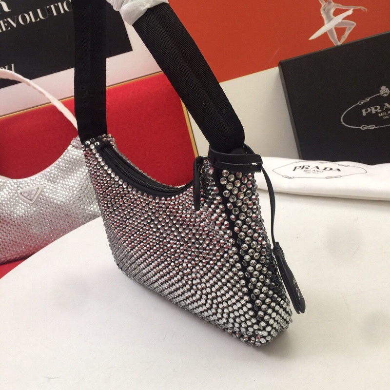 Túi xách/đeo nữ vai logo thương hiệu Prada Hobo 2021 cao cấp mẫu mới hoạ tiết đính hạt lấp lánh