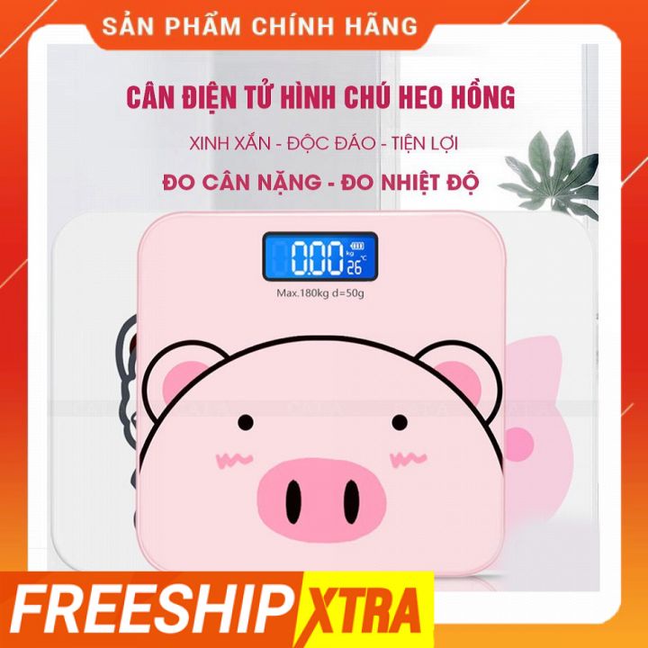 Cân điện tử cân sức khỏe gia đình màn hình LED hiển thị cân nặng ,nhiệt độ hình con heo hồng (lợn hồng) BH12 tháng