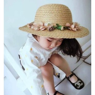 Mũ cói bé gái Hàn quốc kết đai hoa