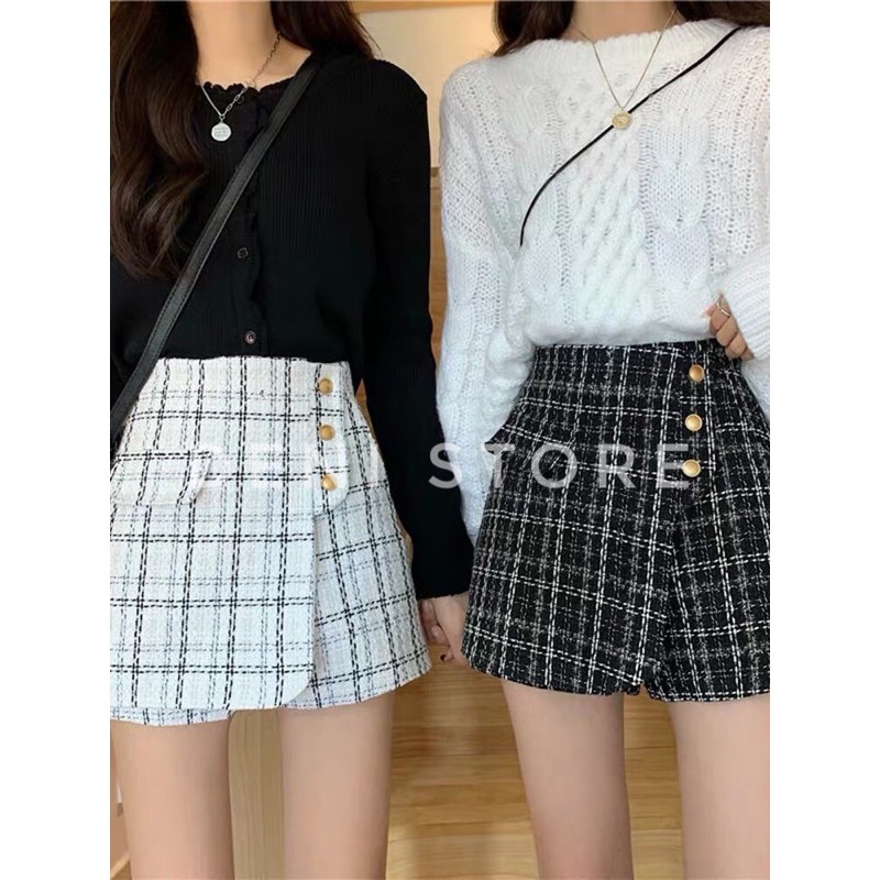 SẴn-Quần giả váy dạ, cúc ngọc 2 màu đen, trắng, Ảnh thật -Size SML