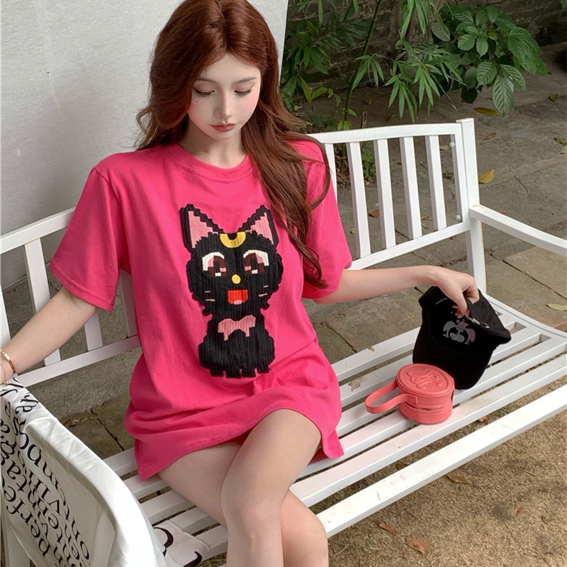 Áo Thun Tay Ngắn Dáng Rộng Thêu Họa Tiết Hoạt Hình Dễ Thương