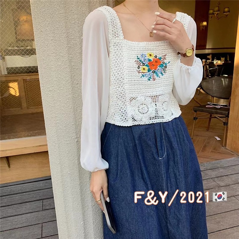 Áo nữ SUXI tay dài cổ vuông họa tiết hoa thời trang quyến rũ