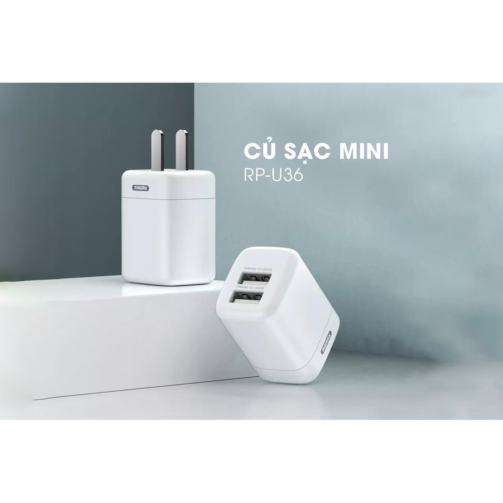 Củ sạc mini 2 cổng Remax RPU36, đa năng, nhỏ gọn, bảo hành chính hãng 6 tháng