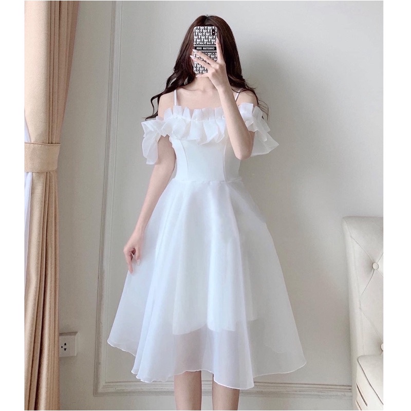 Váy trắng công chúa trễ vai dây xếp ly ngực dự tiệc kỉ yếu prom, đầm xoè tiểu thư rớt vai chất đẹp tiệc cưới cô dâu