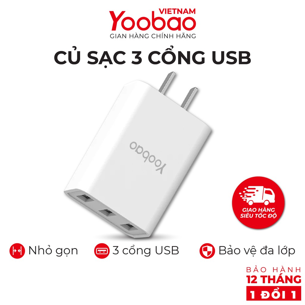 Củ sạc 3 cổng USB Yoobao Y-723 Sạc nhanh dòng 3.4A Chân dẹt kiểu EU - Hãng chính thức - Bảo hành 12 tháng 1 đổi 1
