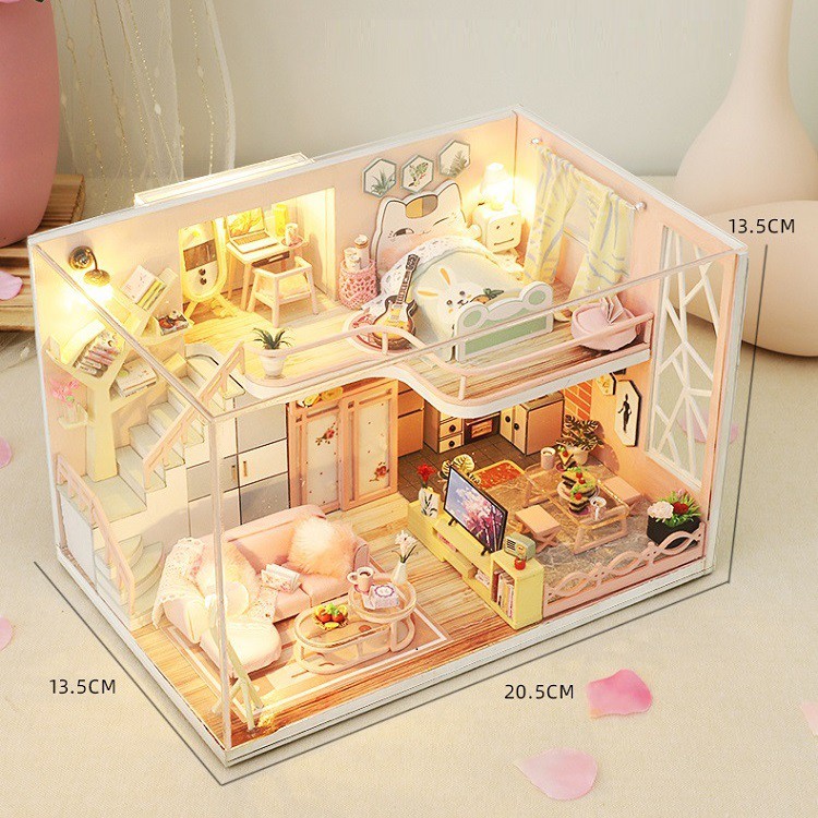 Mô hình nhà DIY Doll House Flower Story Kèm Mica Chống bụi, Bộ dụng cụ và Keo dán